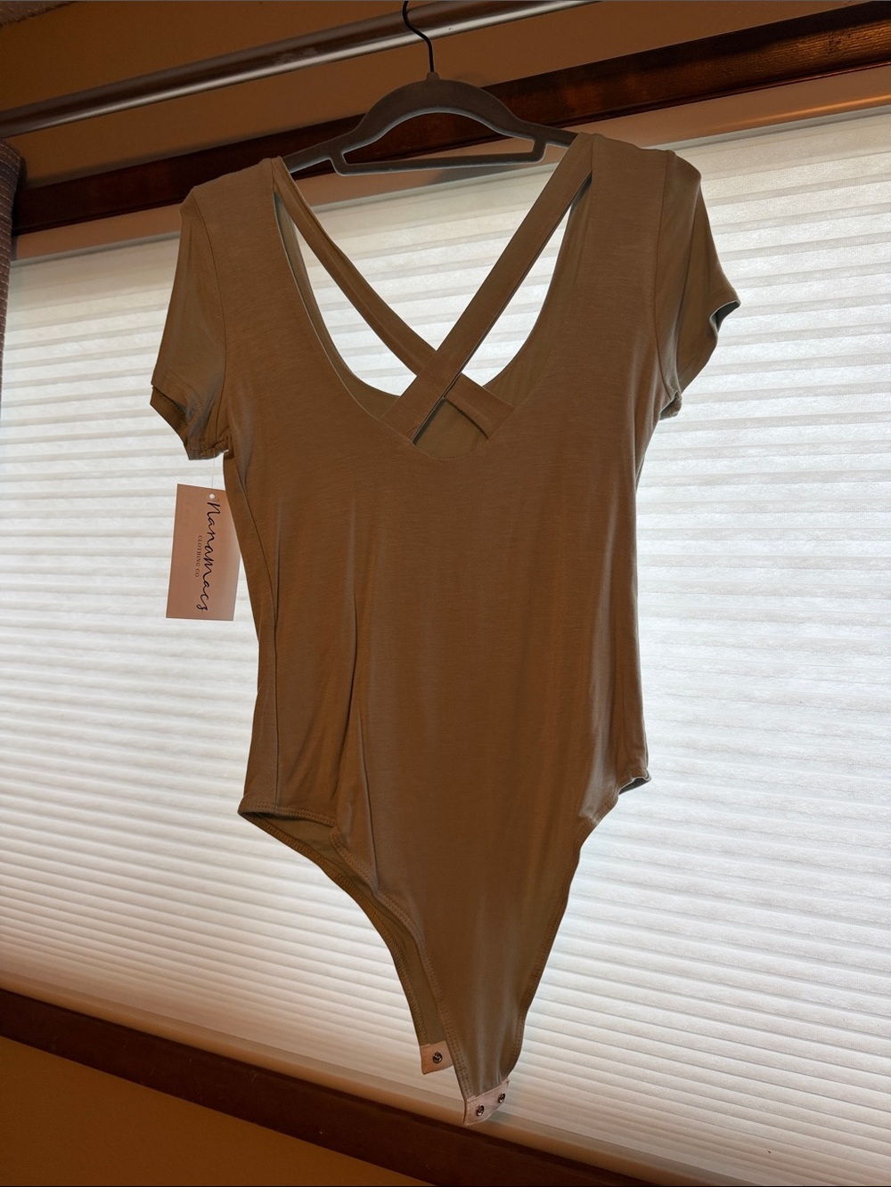 Olive Green Short Sleeve Cross-Back Bodysuit - Picture 2 of 4